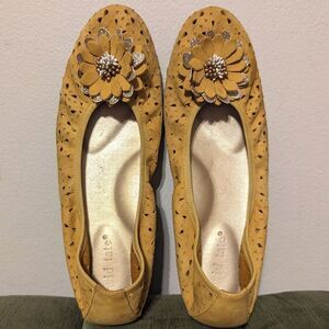 David Tate Genuine Mustard Yellow Leather Floral Perforated Flats Ballets